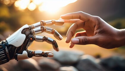 A robotic finger and human finger are touch; a connectivity between robot and human; a humanoid or android hand touching a human hand; connection between machine and humanity; technology photography
