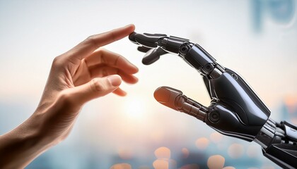 A robotic finger and human finger are touch; a connectivity between robot and human; a humanoid or android hand touching a human hand; connection between machine and humanity; technology photography