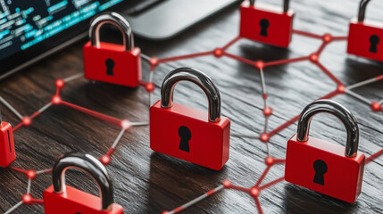 abstract innovative cyber security network, using interconnected nodes to represent business partnerships on the Smart digital Innovation city with connection network reciprocity over the smart city