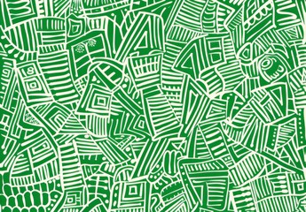 Obraz premium Green and white line drawing, repeating pattern of doodles 