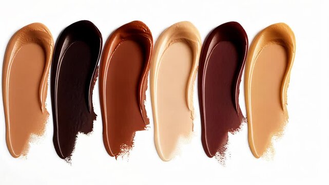 A variety of foundation shades are swiped on a white background