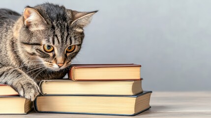 A curious cat perched on top of stacked books, showcasing a playful and inquisitive demeanor.