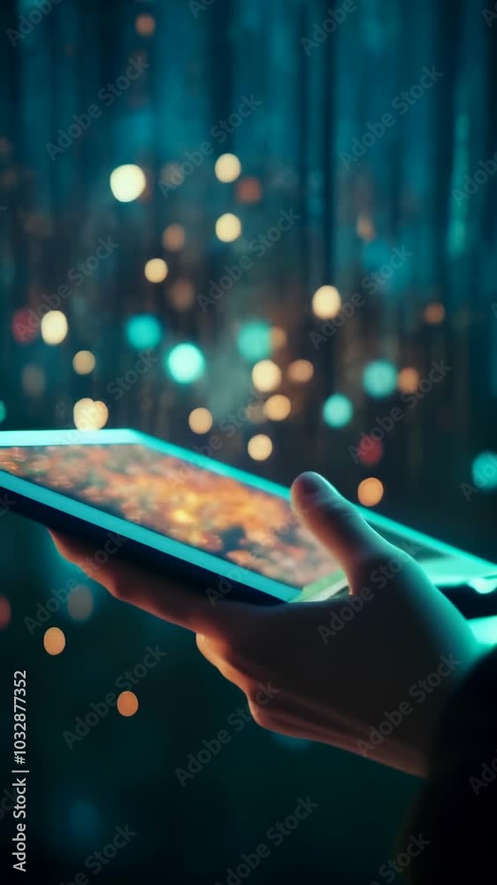 Poster Software developer is holding a tablet, browsing code, with binary rain in the background. The image evokes a futuristic, cyberpunk atmosphere