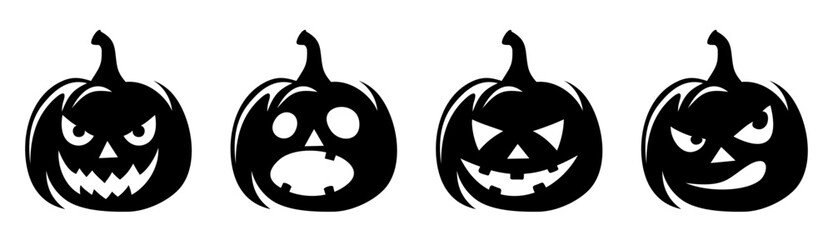 Black silhouettes of jack-o'-lanterns (Halloween pumpkins) isolated on a white background. Set of vector illustrations