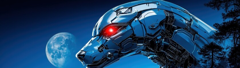 A futuristic robotic wolf with glowing red eyes against a moonlit background, showcasing advanced technology and innovation.