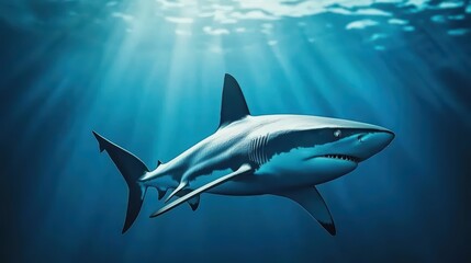 A majestic shark swimming gracefully in deep blue water, showcasing its streamlined body and powerful fins.