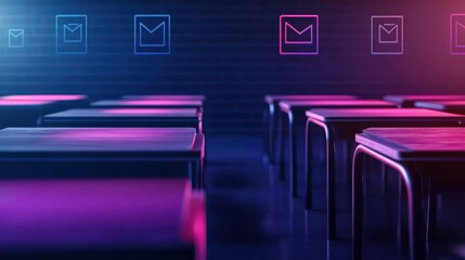 A modern classroom scene with desks and stylized email icons in vibrant colors.