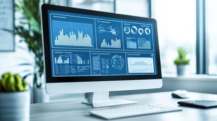 A modern computer monitor displaying advanced data analytics and graphs in a bright office environment.