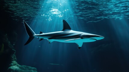 Fototapeta premium A sleek shark swims gracefully underwater, illuminated by soft beams of sunlight piercing through the ocean surface.
