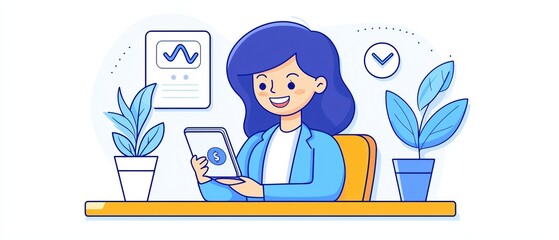 A smiling woman working on a tablet at a desk with potted plants, showcasing productivity and modern workspace.