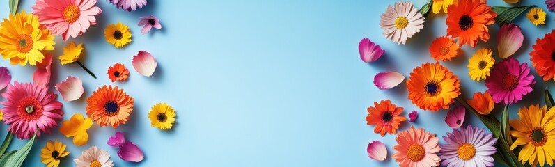 Brightly colored flowers are arranged on a blue background
