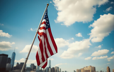 Naklejka premium American flag is waving in the wind with a city skyline in the background.
