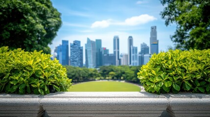 Fototapeta premium A vibrant city skyline view framed by lush greenery and blue skies, showcasing a blend of nature and urban life.