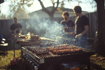 Many people cooking on a grill outside in the sun