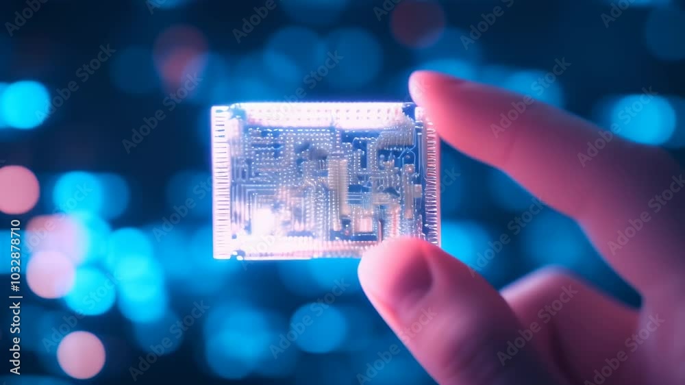Poster Software developer examines a microchip under colorful lights, showcasing advanced technology and coding expertise. The futuristic scene symbolizes the digital world's interconnected network