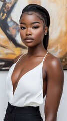Fototapeta premium Portrait of a young Black woman with long, dark hair and flawless makeup, wearing a white top and looking directly at the camera.