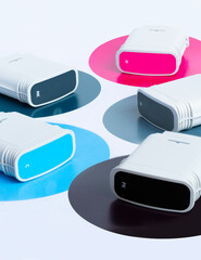 HP cartridges for a wide-format plotter are located on multi-colored SMYK circles. Bright creative concept minimal