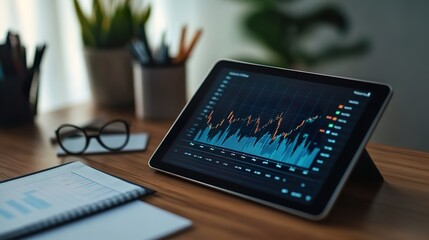 A close-up of a tablet displaying a startup growth graph, placed on a stylish wooden desk with design materials nearby