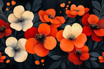 Elegant japandi floral pattern with vibrant red and white blooms on dark background, perfect for minimalistic decor