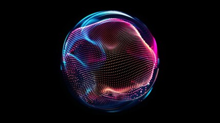 Abstract neon sphere with glowing dots on dark background, vibrant digital art illustration for technology design