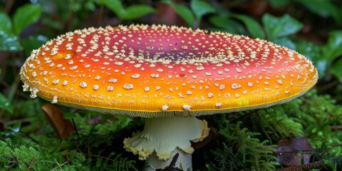 Fototapeta premium Vibrant red and orange fly agaric mushroom stands tall amidst green foliage, glistening with raindrops, showcasing nature’s beauty and potential dangers of foraging in fall season.