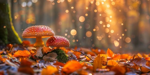 Vibrant red mushrooms emerge from fallen orange leaves, glistening with dew, surrounded by soft sunlight and blurred forest background, showcasing enchanting autumn atmosphere.