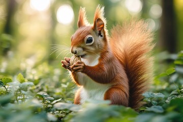 Obraz premium A cute red squirrel sits in green foliage and eats a nut.