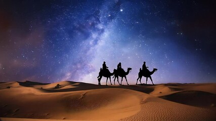Three Wise Men Traveling Through Desert Under the Milky Way