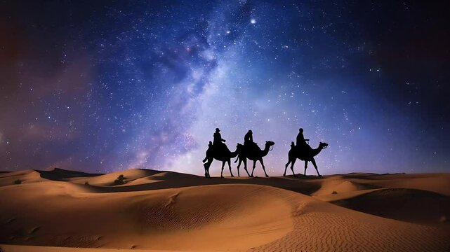 Three Wise Men Traveling Through Desert Under the Milky Way