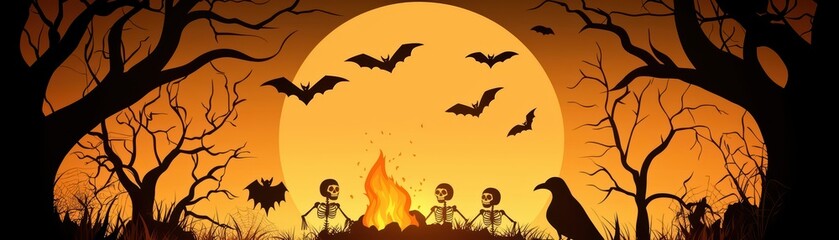 Halloween night scene with skeletons around a campfire under a full moon, bat silhouettes, and spooky trees.