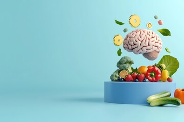 Healthy food choices represented with a brain, showcasing the connection between nutrition and mental health.