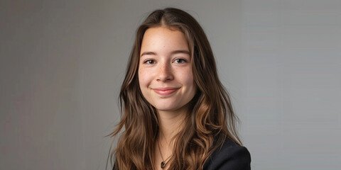 Naklejka premium Confident Young Woman Smiling in Professional Attire Against a Neutral Background