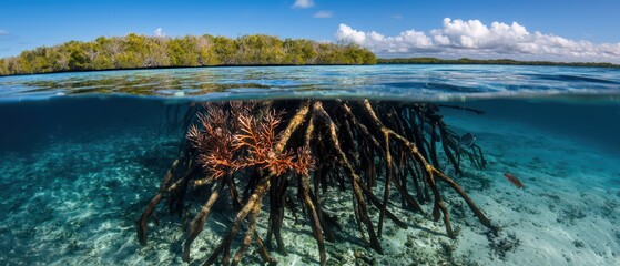 Mangrove roots submerged in clear turquoise water, creating a striking underwater landscape under a bright sky.
