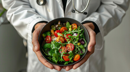 health food, salad with vegetables in doctors hands