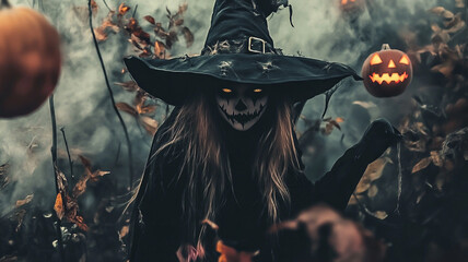 halloween witch with pumpkin