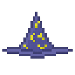 A retro-styled pixel-art illustration of a purple wizard hat.
