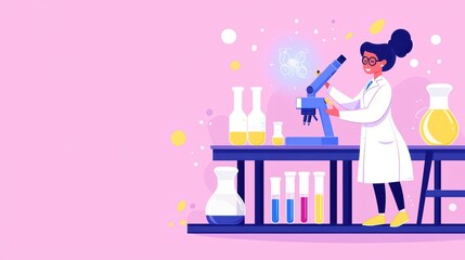 Fototapeta premium Scientist working with microscope and colorful lab equipment in a bright laboratory environment.