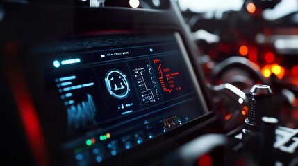 Naklejka premium An engine diagnostic screen displaying data, with tools and car parts visible in the background