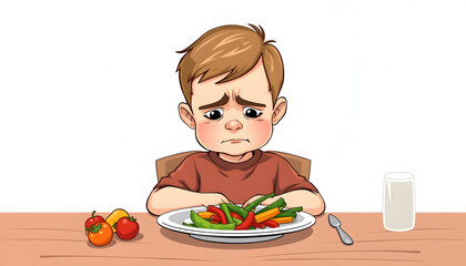 Cute little boy sitting at the table, unhappy with his vegetable meal, bad eating habits, nutrition and healthy eating concept isolated with white highlights, png