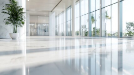 office space featuring a sunlit marble surface and elegant crystal accents， showcases large windows and a white wall