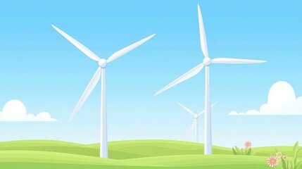 Fototapeta premium Wind turbines in a green landscape under a blue sky creating renewable energy.