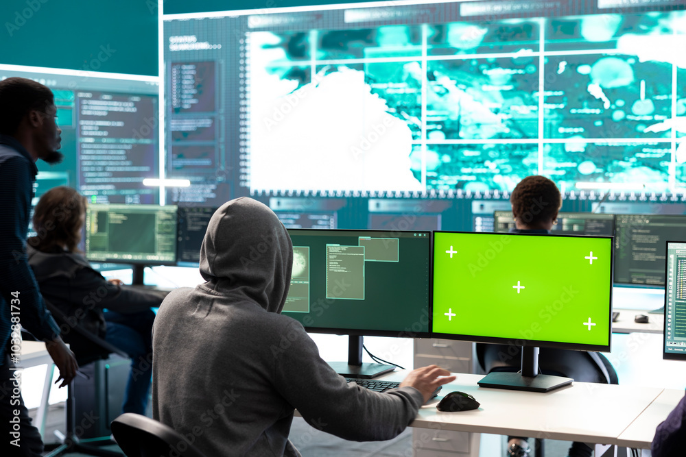 Poster governmental hackers using green screen in performing cyber security monitoring and threat detection