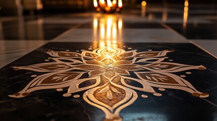 A stunning Alpona design adorns a clean floor surface embodying the spirit of Diwali. The intricate artwork reflects festive joy enhanced by gentle lighting that creates a warm atmosphere