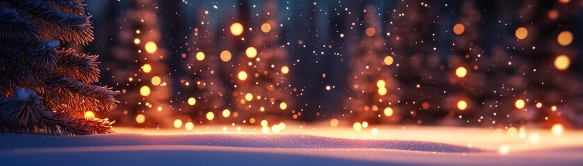 Christmas Background, Winter Wonderland, Magical winter landscape with glowing lights and snow-covered ground.