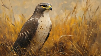 Obraz premium A hawk with sharp eyes perches in tall grass, its feathers blending with the golden hues of the field.