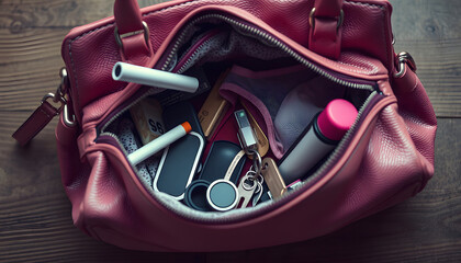 Things from open lady handbag. Cigarette, condom, panties, credit card, keys and cosmetics falls out of pocket with handbags on wooden background. Toned image isolated with white highlights, png