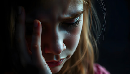 Close up photo of sorrow sad girl touching her face isolated with white highlights, png
