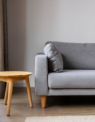 close-up of gray sofa and wooden table inside a modern apartment. generative ai
