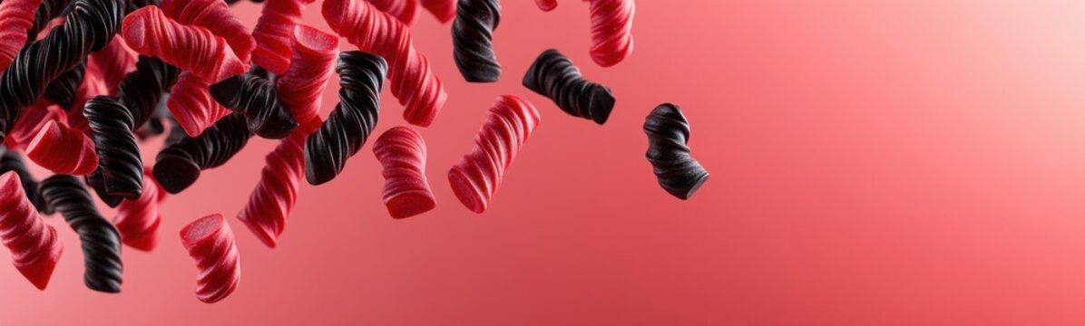Many red and black candy candis hanging from a string
