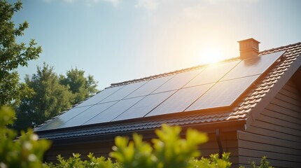 Solar panels on a modern home rooftop, gleaming under bright sunlight, surrounded by trees and greenery, perfect for promoting eco-friendly residential solar energy solutions. Ideal backdrop for clean